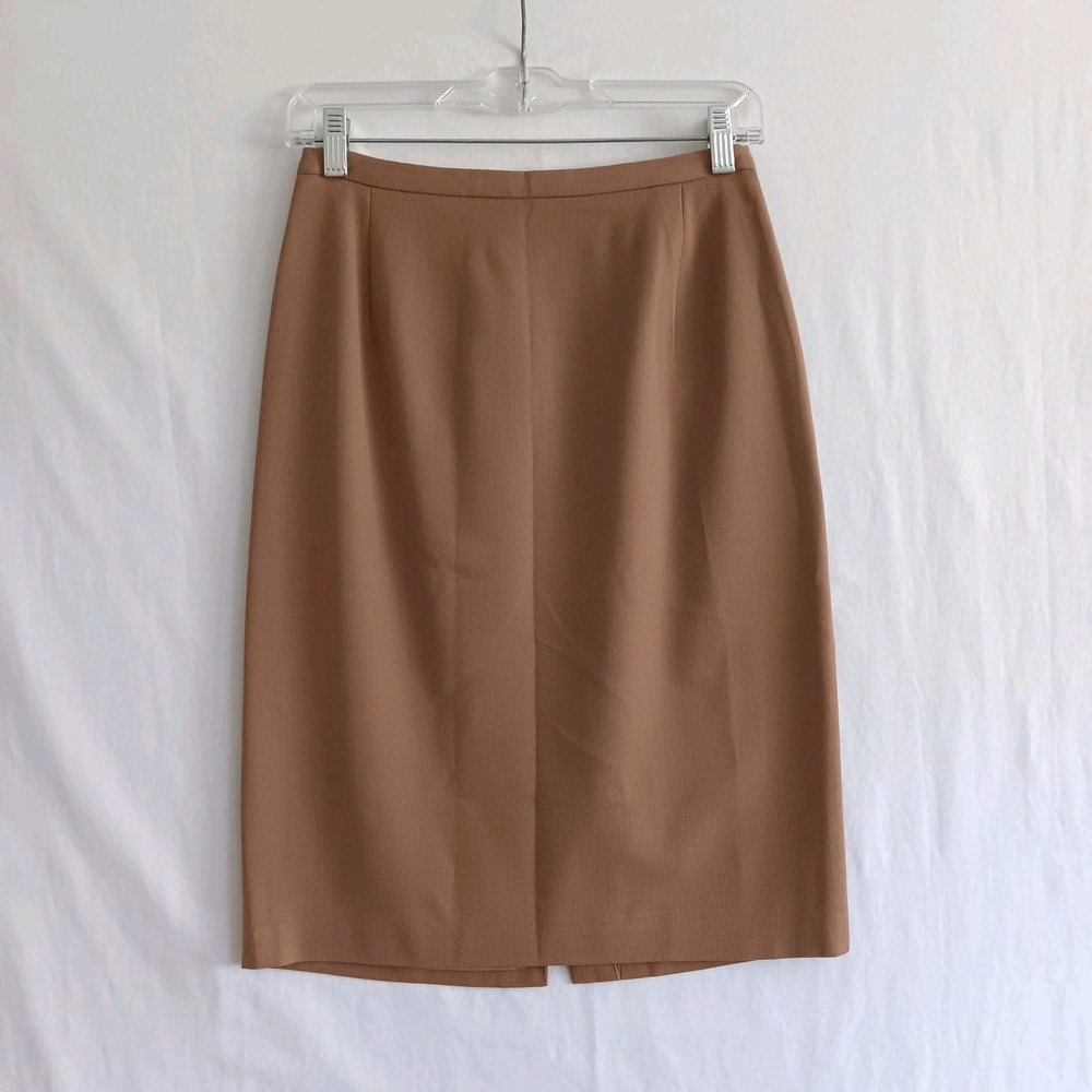 Vintage AMANDA FIELDING Womens Tan 100% Wool Pencil Skirt Back Vent Size 6 USA